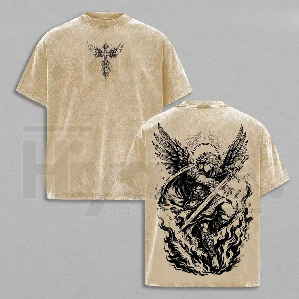 Archangel Michael Angel of Fire Tee – Vintage Washed Christian Streetwear